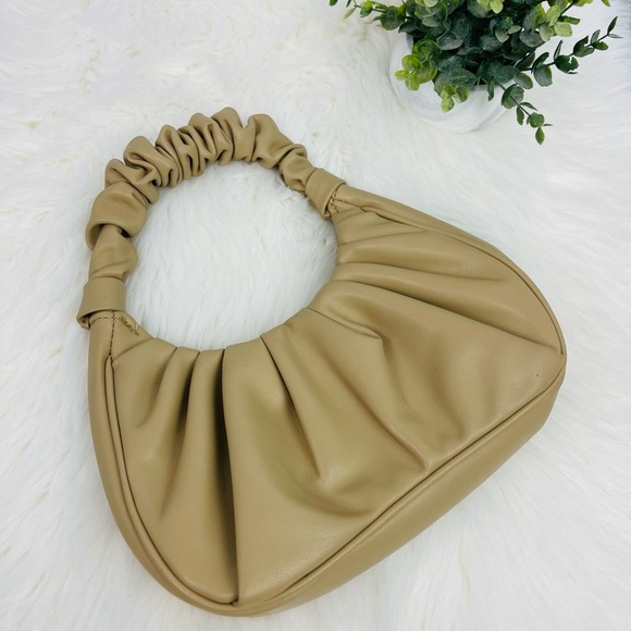 New Minimalist Ruched Bag Tan Khaki Faux Leather Mini Handle bag Purse - Picture 5 of 7